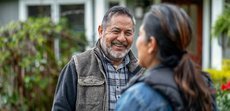 Two neighbors talking outside a home